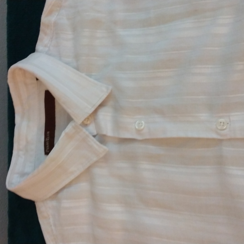Perry Ellis XL White/Tan/Cream Stripe Long Sleeve Linen Blend Shirt
